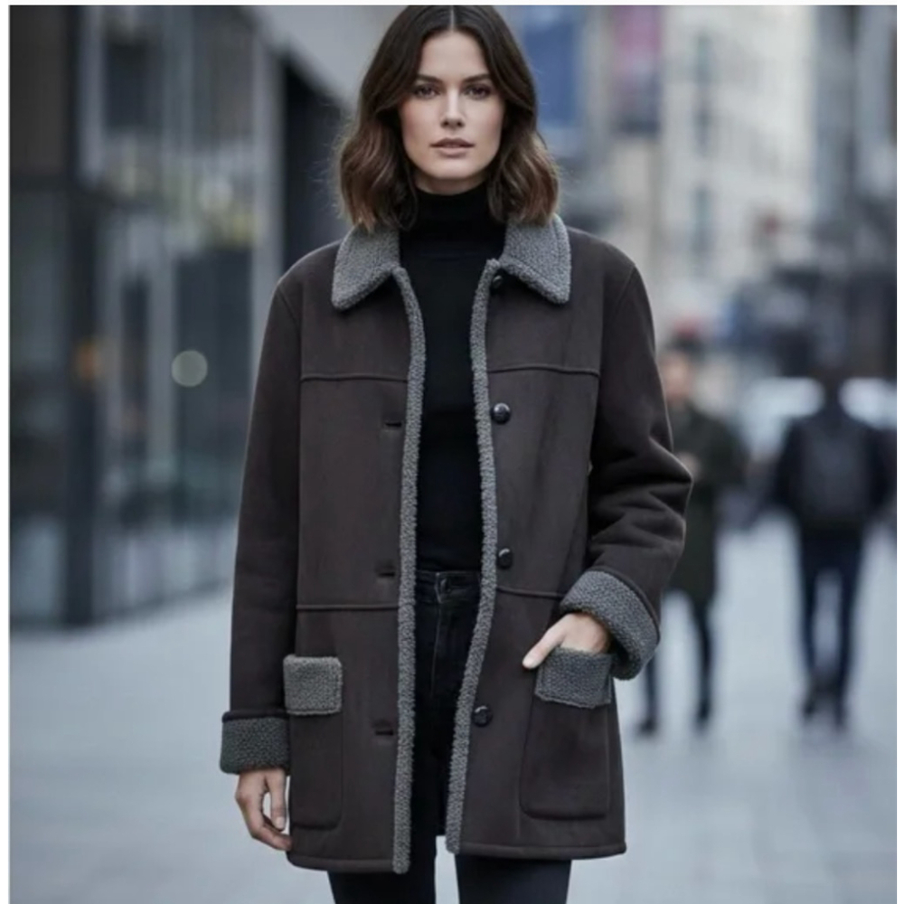 * Lauren by Ralph Lauren Black Faux Suede and Shearling Button Up Car Coat US L